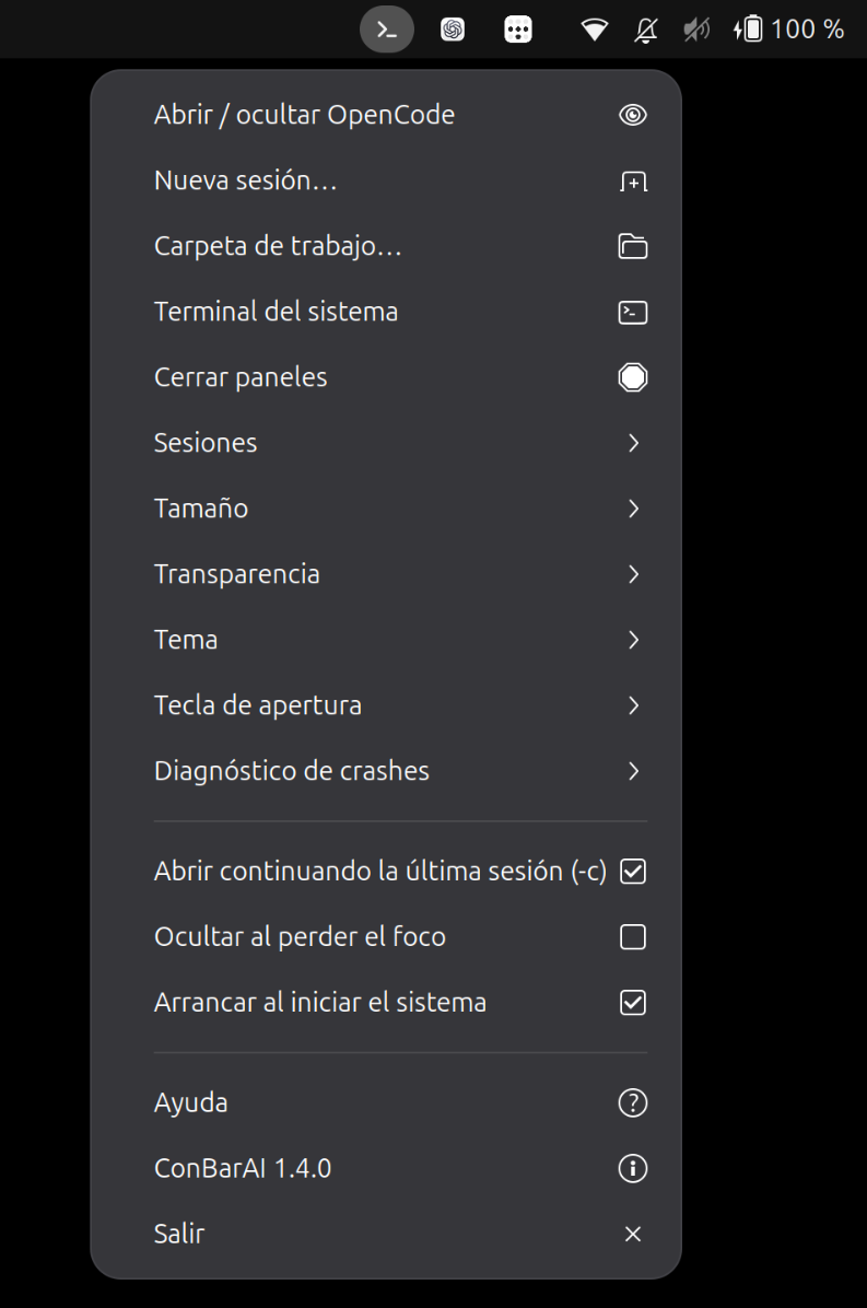 Menú del icono de ConBarAI en la barra de GNOME