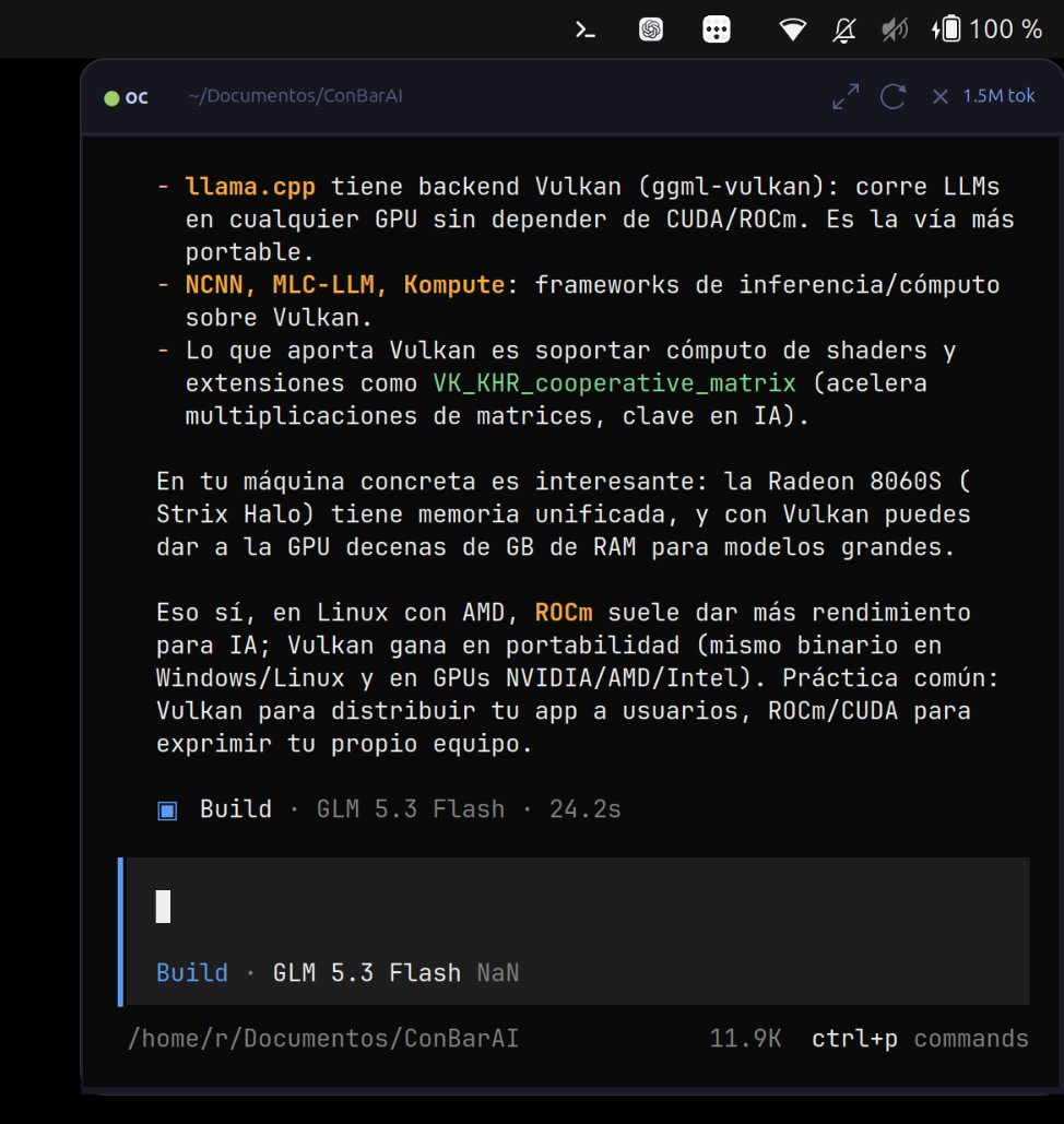 Panel flotante de ConBarAI con OpenCode respondiendo